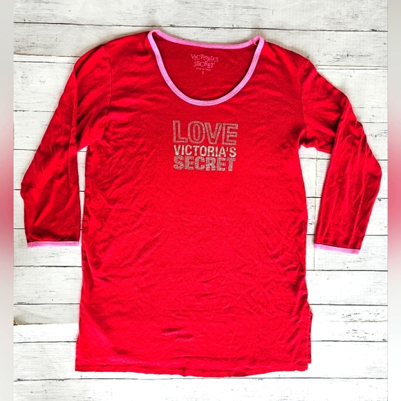 Vintage RARE Victoria's Secret Longsleeve Red Nightgown Dress Top Silver Graphic - Picture 5 of 8
